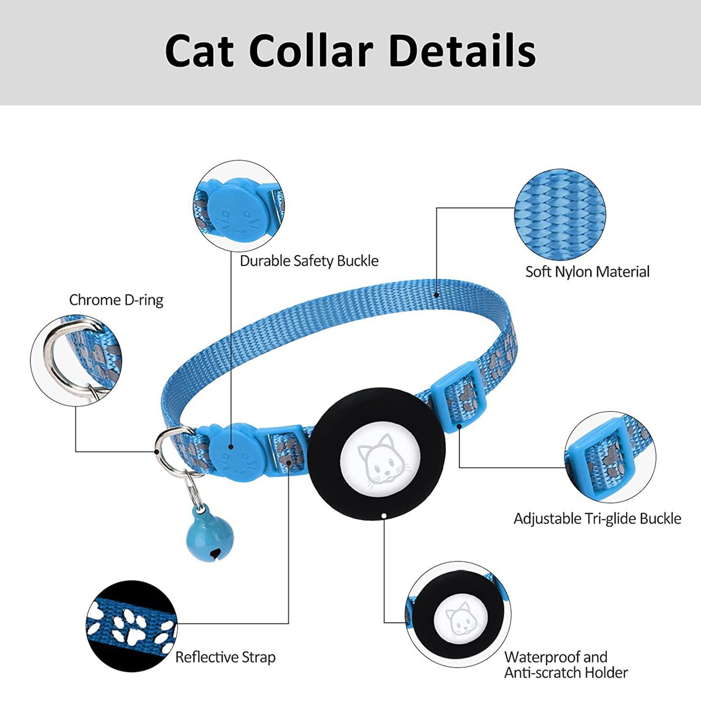 Paw Pattern Reflective Nylon Pet Collar with Silicone Case + Protective Film for AirTag Tracker ST