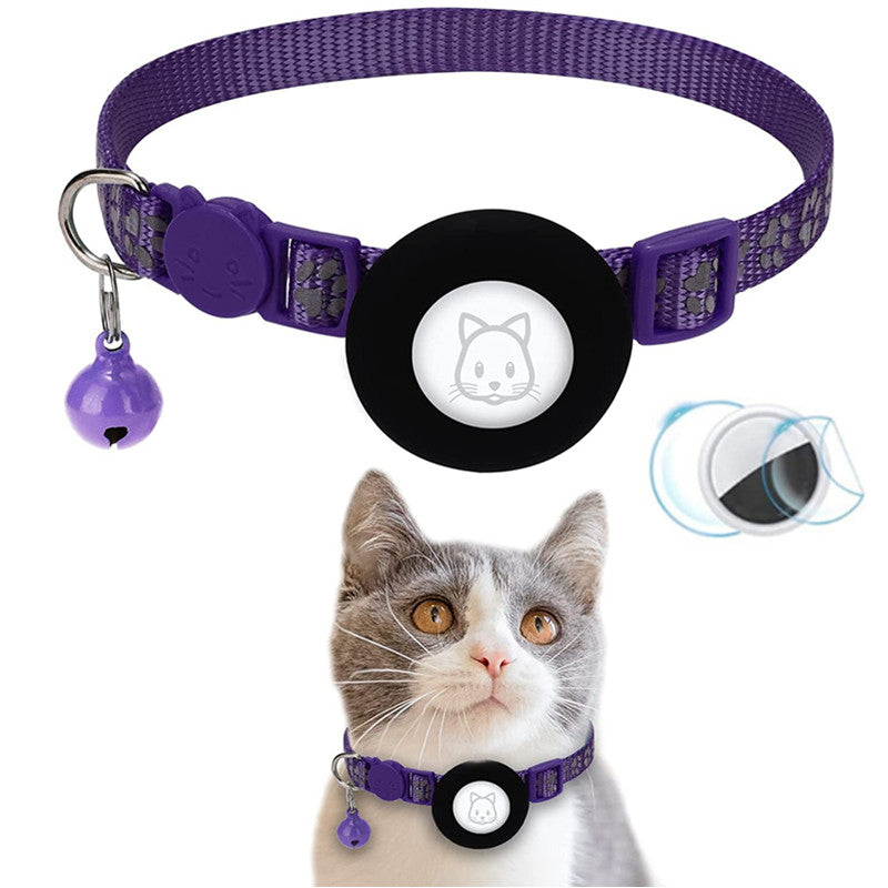 Paw Pattern Reflective Nylon Pet Collar with Silicone Case + Protective Film for AirTag Tracker ST
