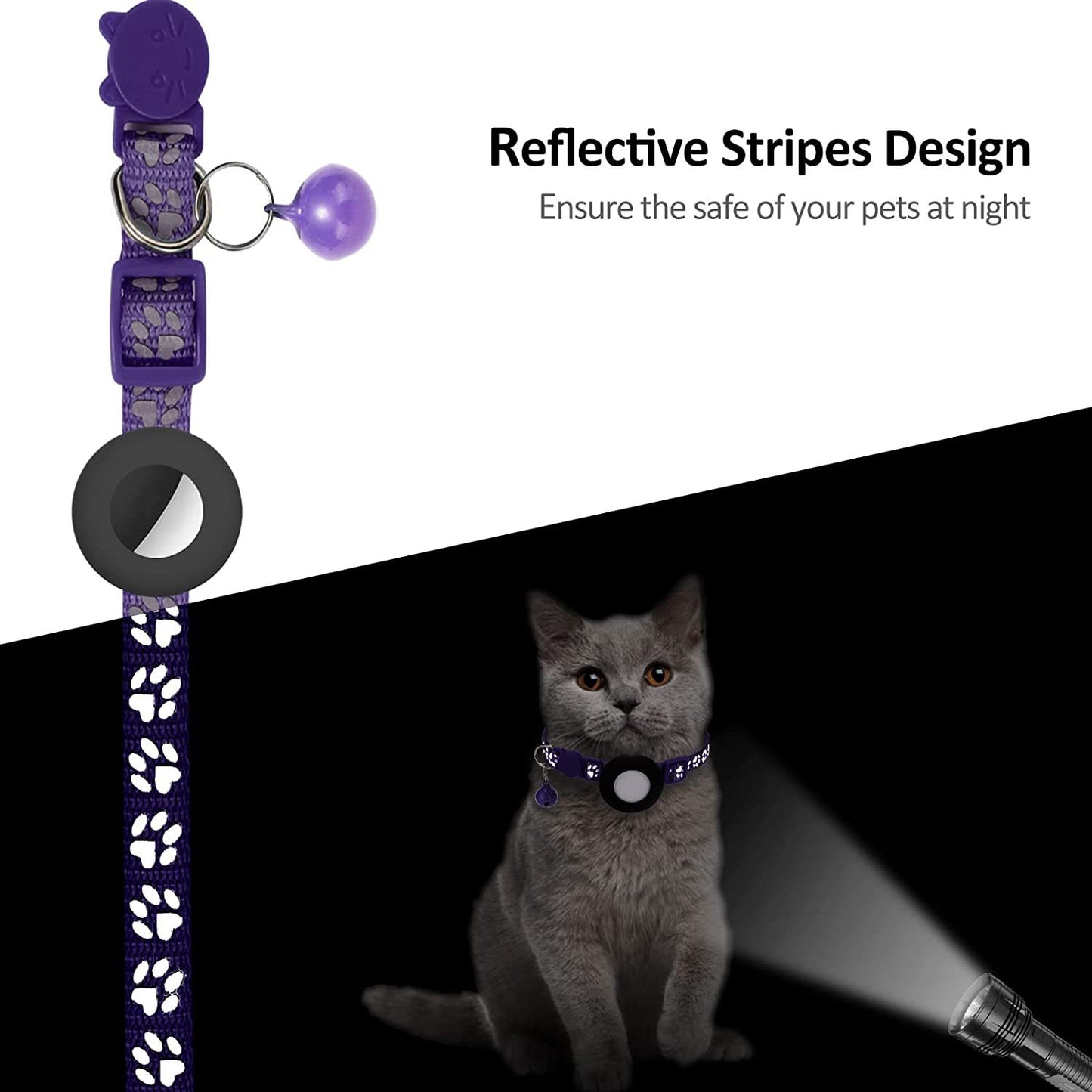 Paw Pattern Reflective Nylon Pet Collar with Silicone Case + Protective Film for AirTag Tracker ST