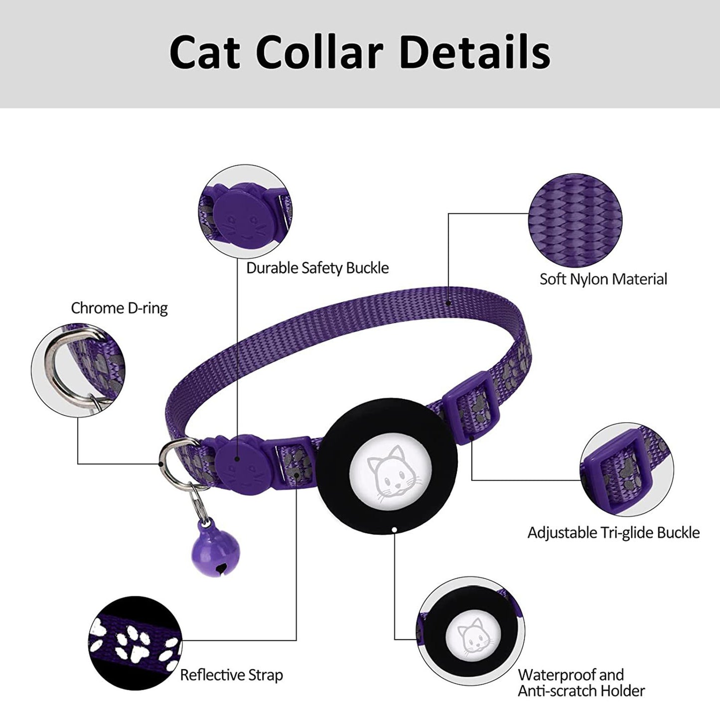 Paw Pattern Reflective Nylon Pet Collar with Silicone Case + Protective Film for AirTag Tracker ST