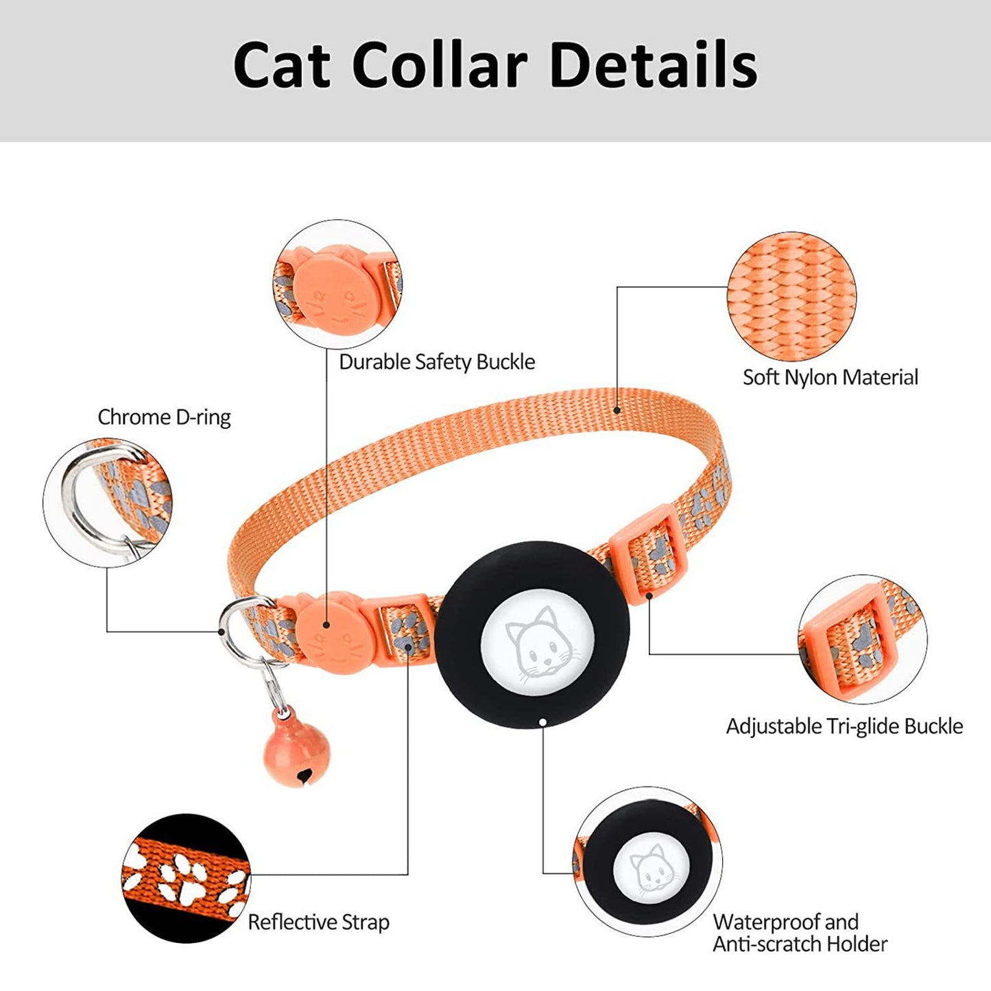 Paw Pattern Reflective Nylon Pet Collar with Silicone Case + Protective Film for AirTag Tracker ST