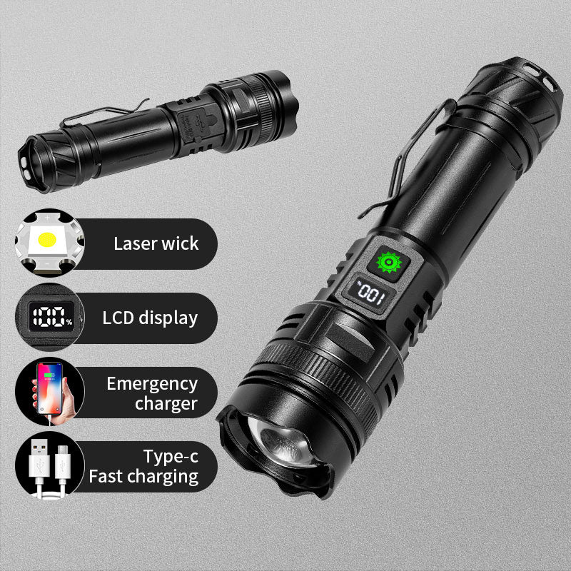A065-Laser Home Outdoor Flashlight 20W Purple Light Portable LCD Display Flashlight (No Battery)