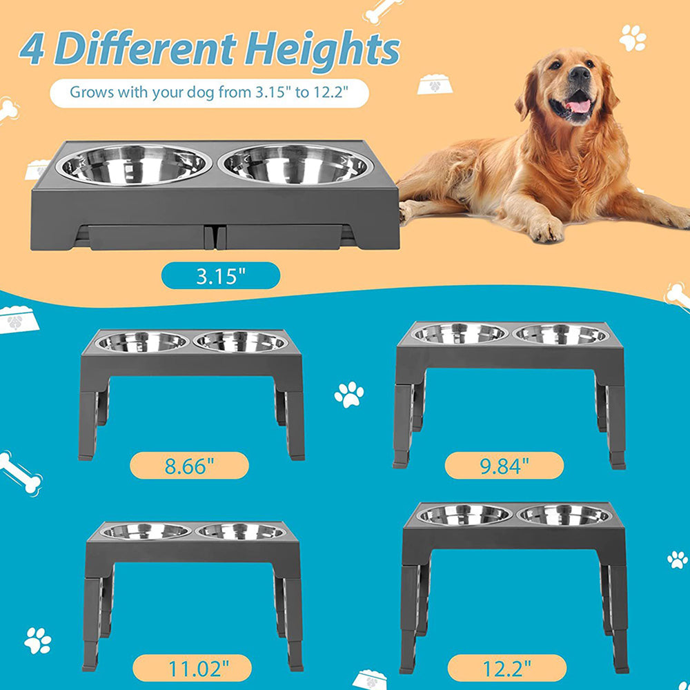 Pet Dog Puppy Bowl Raised 4 Adjustable Heights Stainless Steel Bowl + ABS Rack Holder Stand (BPA-Free, No FDA Certified)
