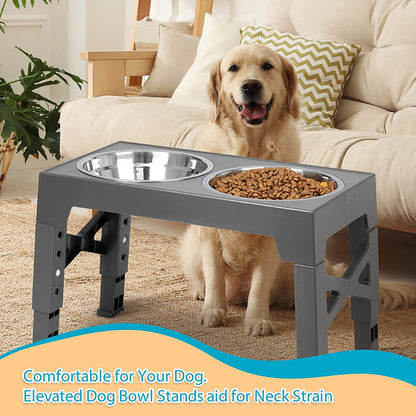 Pet Dog Puppy Bowl Raised 4 Adjustable Heights Stainless Steel Bowl + ABS Rack Holder Stand (BPA-Free, No FDA Certified)