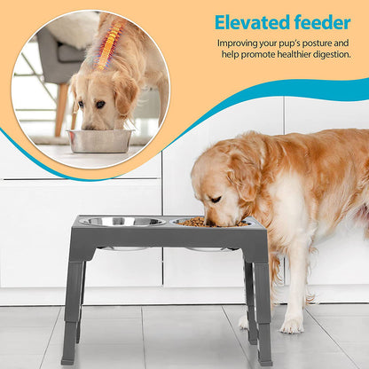 Pet Dog Puppy Bowl Raised 4 Adjustable Heights Stainless Steel Bowl + ABS Rack Holder Stand (BPA-Free, No FDA Certified)