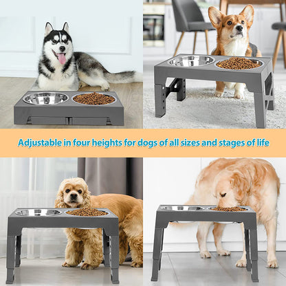 Pet Dog Puppy Bowl Raised 4 Adjustable Heights Stainless Steel Bowl + ABS Rack Holder Stand (BPA-Free, No FDA Certified)