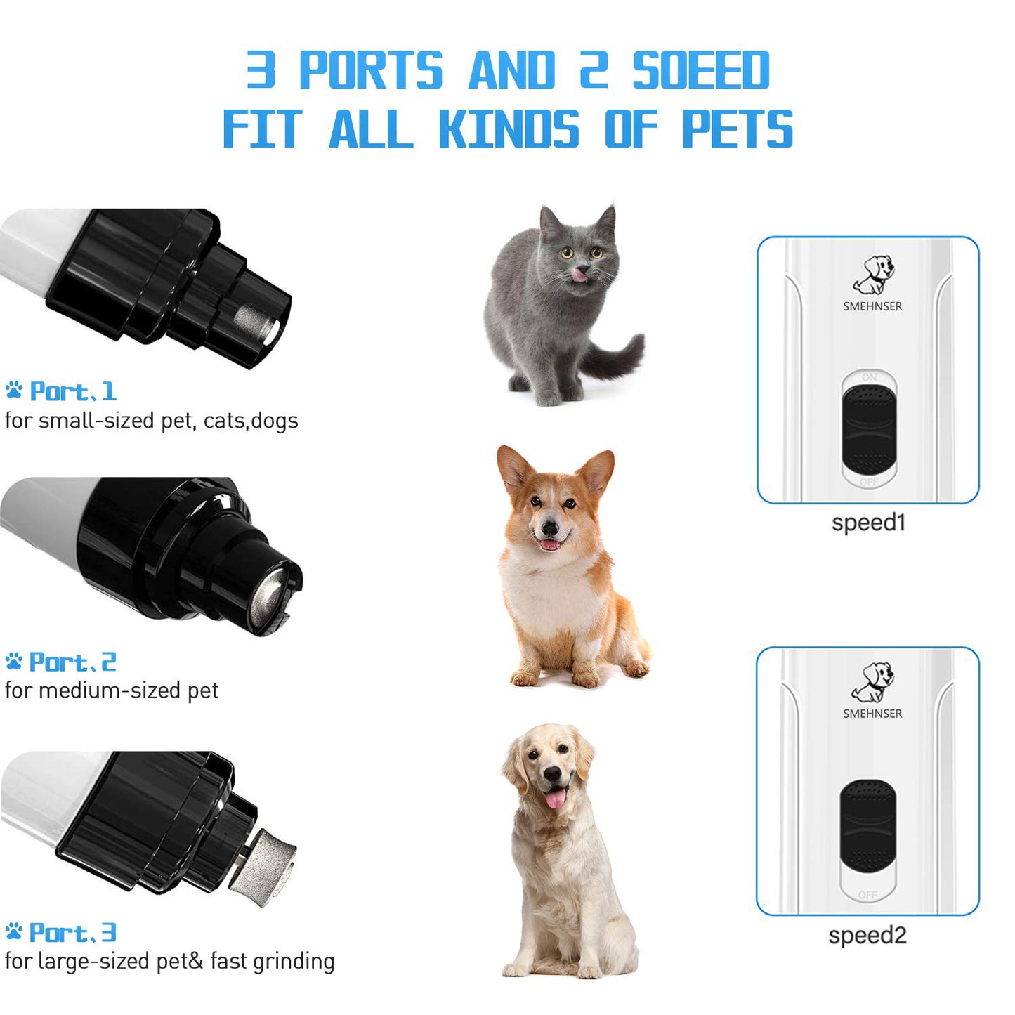 SMEHNSER H02044 2 Speed Pet Nail Grinder USB Rechargeable Low Noise Cat Dog Electric Nail Clipper