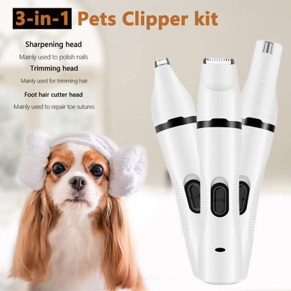 3 In 1 Pet Grooming Kit Set Rechargeable Cat Nail Clipper Dog Paw Grinder Hair Trimmer