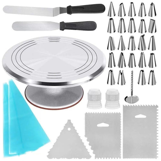 35-in-1 12-inch Aluminium Alloy Cake Turntable with Icing Spatula Smoother Pastry Nozzles (BPA Free, No FDA Certificate)