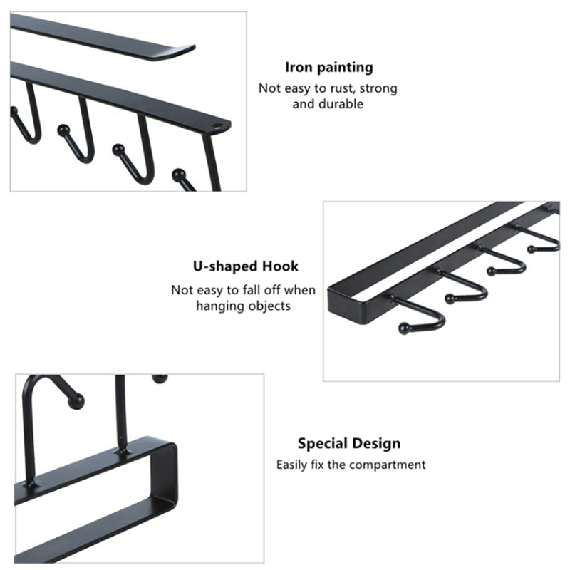 3Pcs / Set Iron Hanging Holder Under Kitchen Cabinet Mug Hanger Coffee Drinking Cup Holder Rack with 6 Hooks