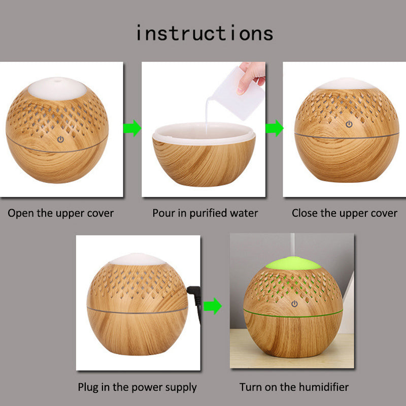 200ml Wood Grain Hollow Air Humidifier Mini Silent Mist Maker Fog Sprayer with Colorful Light for Home, Office (with CE)