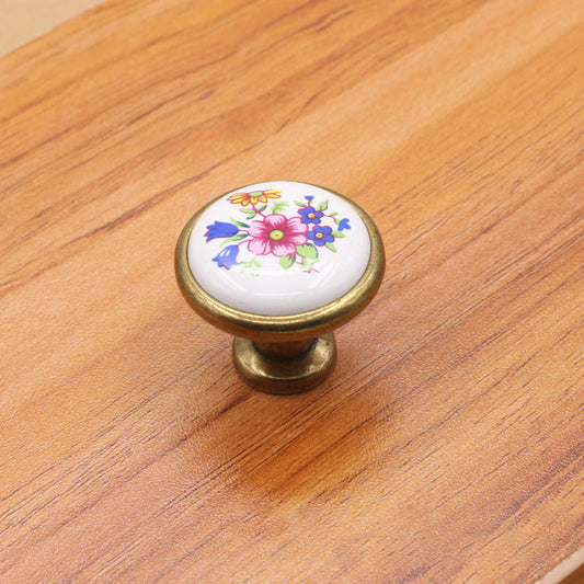 Single Hole Zinc Alloy + Ceramic Handle Kitchen Vintage Door Drawer Handle Cabinet Pulls Knob with 25mm Screw