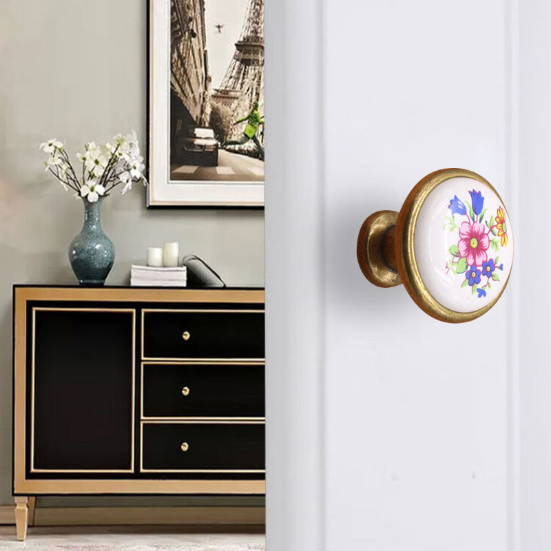 Single Hole Zinc Alloy + Ceramic Handle Kitchen Vintage Door Drawer Handle Cabinet Pulls Knob with 25mm Screw