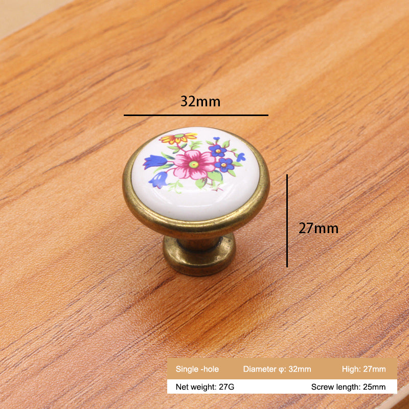 Single Hole Zinc Alloy + Ceramic Handle Kitchen Vintage Door Drawer Handle Cabinet Pulls Knob with 25mm Screw