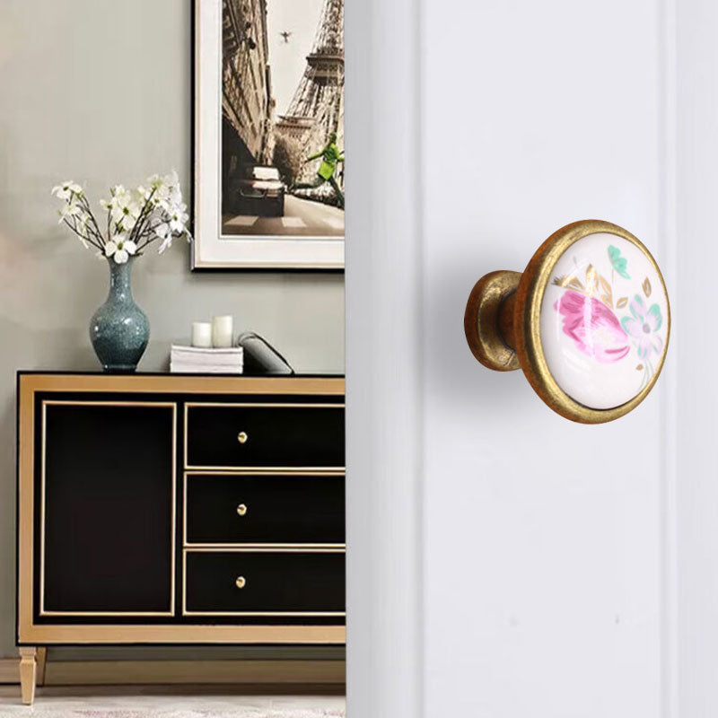 Single Hole Zinc Alloy + Ceramic Handle Kitchen Vintage Door Drawer Handle Cabinet Pulls Knob with 25mm Screw