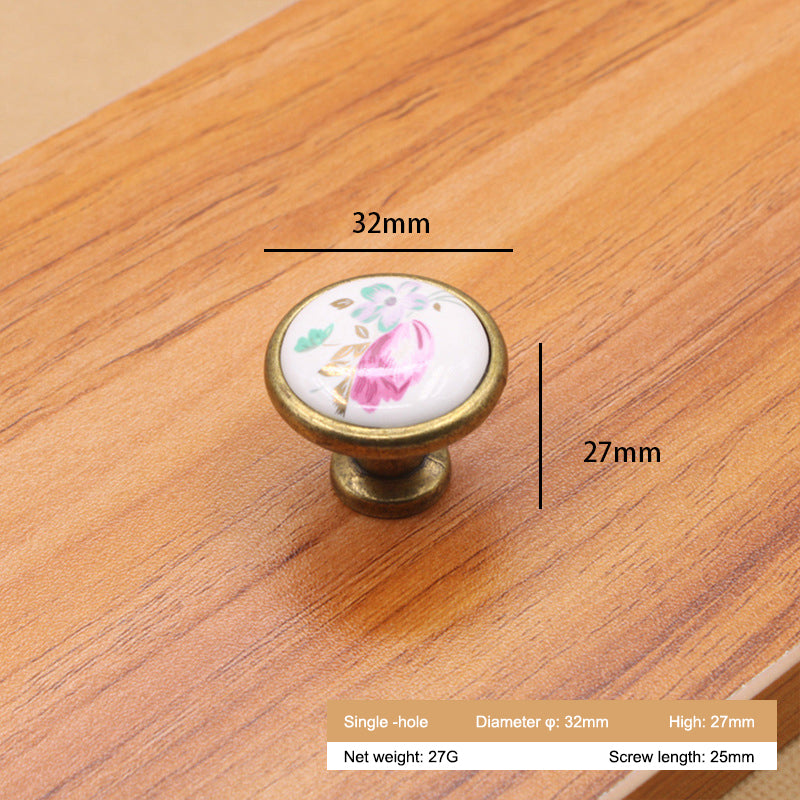 Single Hole Zinc Alloy + Ceramic Handle Kitchen Vintage Door Drawer Handle Cabinet Pulls Knob with 25mm Screw