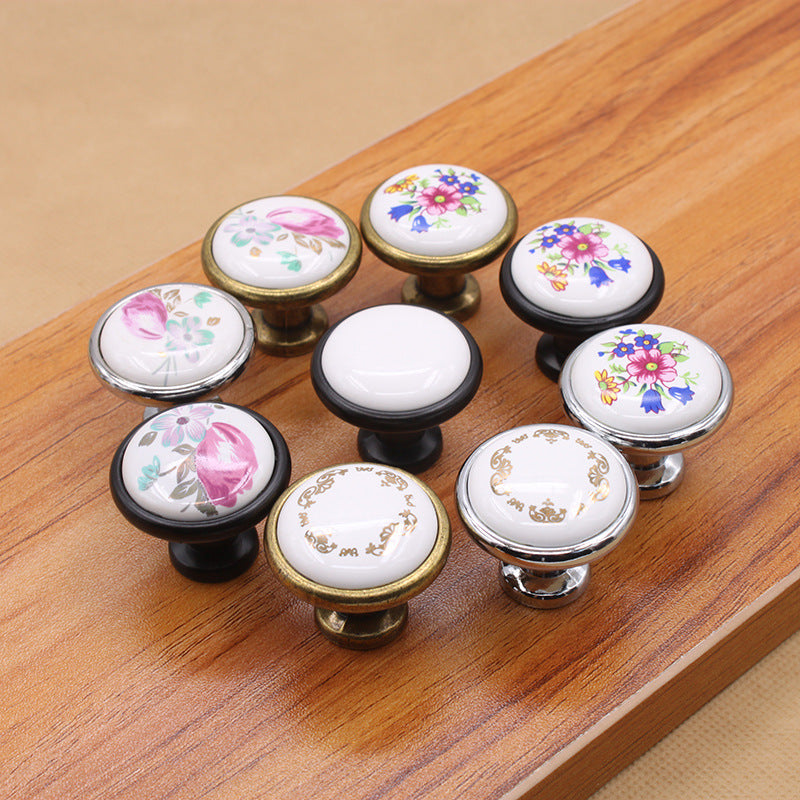 Single Hole Zinc Alloy + Ceramic Handle Kitchen Vintage Door Drawer Handle Cabinet Pulls Knob with 25mm Screw
