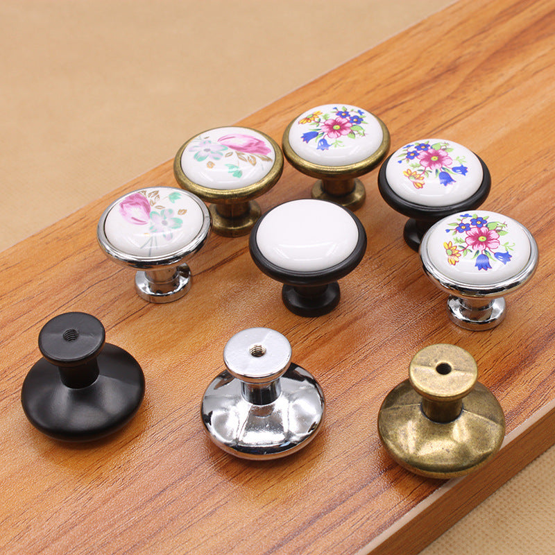 Single Hole Zinc Alloy + Ceramic Handle Kitchen Vintage Door Drawer Handle Cabinet Pulls Knob with 25mm Screw