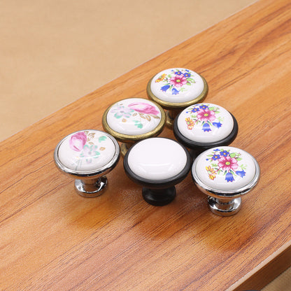Single Hole Zinc Alloy + Ceramic Handle Kitchen Vintage Door Drawer Handle Cabinet Pulls Knob with 25mm Screw