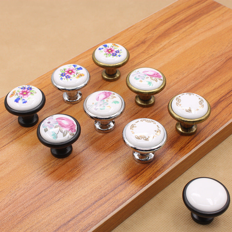 Single Hole Zinc Alloy + Ceramic Handle Kitchen Vintage Door Drawer Handle Cabinet Pulls Knob with 25mm Screw