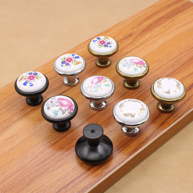 Single Hole Zinc Alloy + Ceramic Handle Kitchen Vintage Door Drawer Handle Cabinet Pulls Knob with 25mm Screw