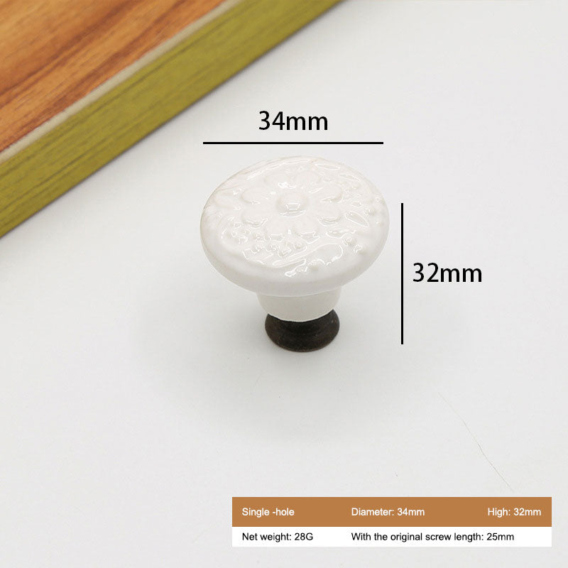 Ceramic Cabinet Drawer Door Knob Cupboard Wardrobe Embossed Round Pull Handle with 25mm Screw