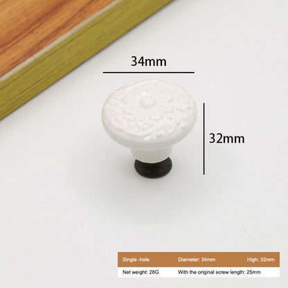 Ceramic Cabinet Drawer Door Knob Cupboard Wardrobe Embossed Round Pull Handle with 25mm Screw
