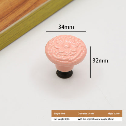 Ceramic Cabinet Drawer Door Knob Cupboard Wardrobe Embossed Round Pull Handle with 25mm Screw