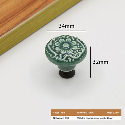 Ceramic Cabinet Drawer Door Knob Cupboard Wardrobe Embossed Round Pull Handle with 25mm Screw