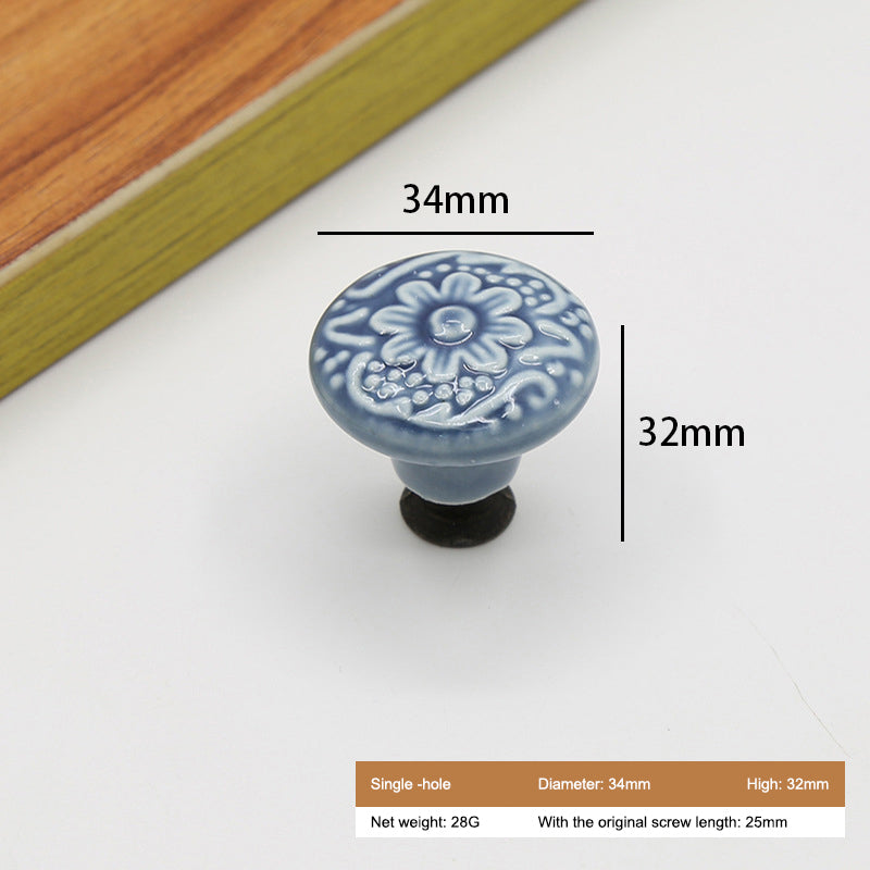Ceramic Cabinet Drawer Door Knob Cupboard Wardrobe Embossed Round Pull Handle with 25mm Screw