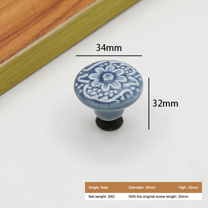 Ceramic Cabinet Drawer Door Knob Cupboard Wardrobe Embossed Round Pull Handle with 25mm Screw
