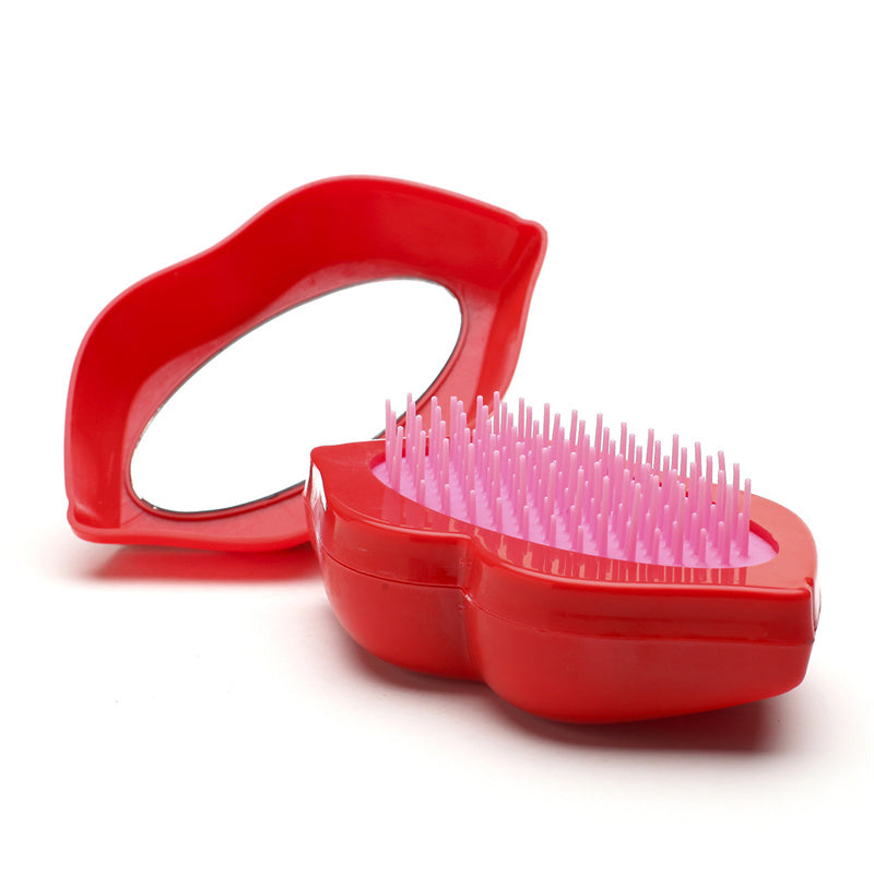 ABS Plastic Lip-Shaped Hair Comb Compact Mini Travel Hair Brush Hairbrush with Mirror for Women