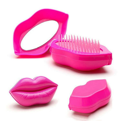 ABS Plastic Lip-Shaped Hair Comb Compact Mini Travel Hair Brush Hairbrush with Mirror for Women