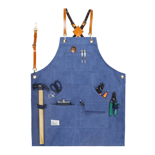 D001 Multi-pockets Apron Waterproof Canvas Apron for Heavy Duty Woodworking Gardening, Brown Leather Strap