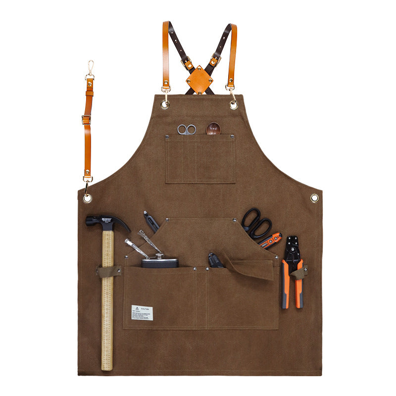 D001 Multi-pockets Apron Waterproof Canvas Apron for Heavy Duty Woodworking Gardening, Brown Leather Strap