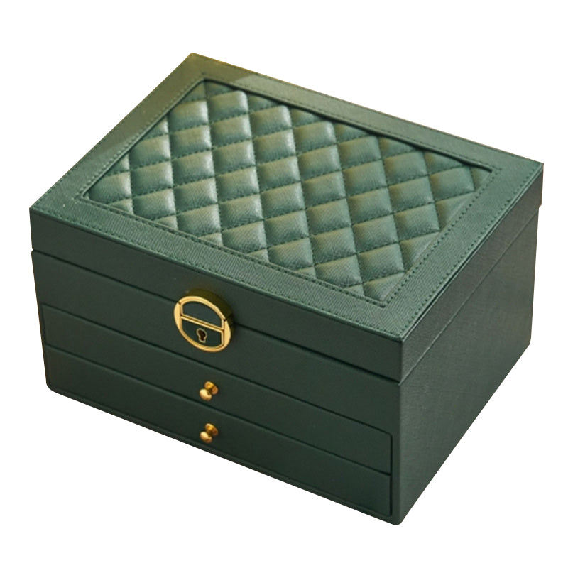 Rhombus Stitching Lines Three-layer Drawer Jewelry Lock Case Necklace Ring PU Leather Display Box, 23*17*13.5cm