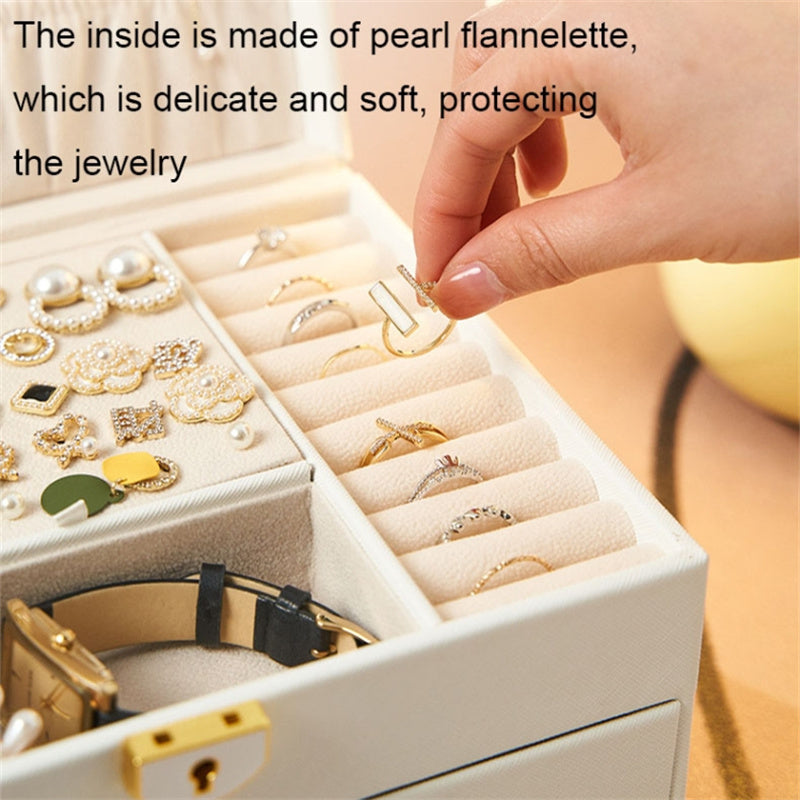 Rhombus Stitching Lines Three-layer Drawer Jewelry Lock Case Necklace Ring PU Leather Display Box, 23*17*13.5cm