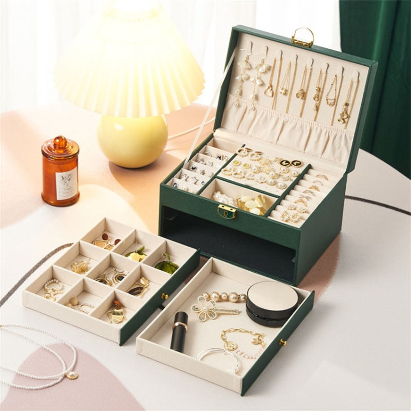 Rhombus Stitching Lines Three-layer Drawer Jewelry Lock Case Necklace Ring PU Leather Display Box, 23*17*13.5cm
