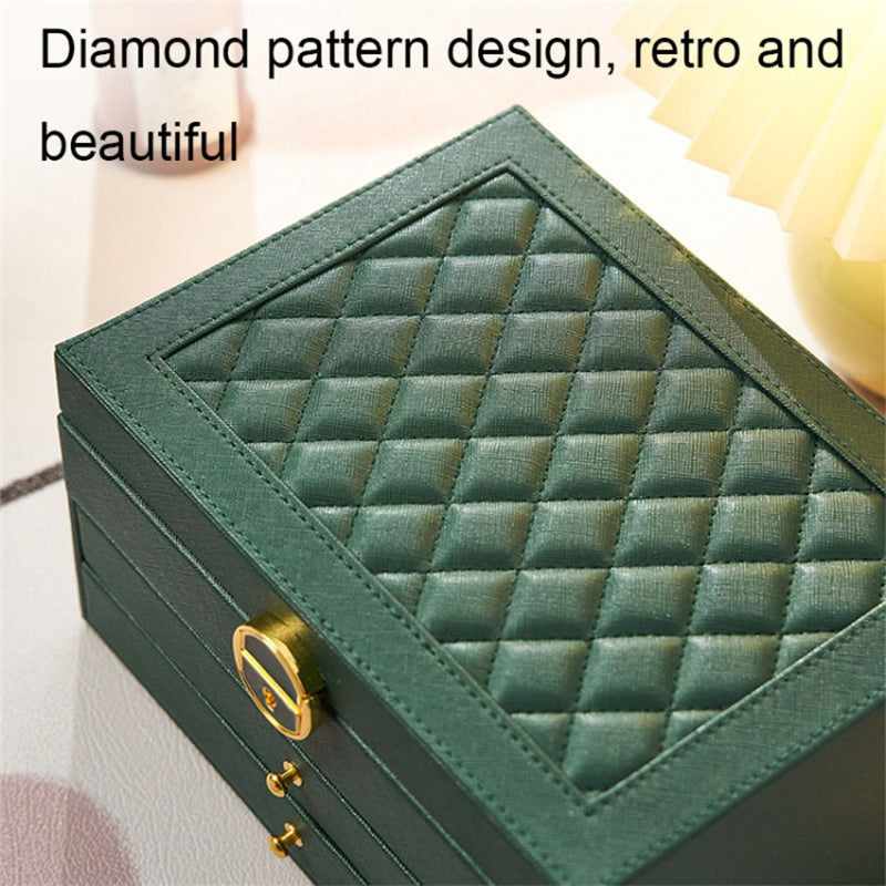 Rhombus Stitching Lines Three-layer Drawer Jewelry Lock Case Necklace Ring PU Leather Display Box, 23*17*13.5cm