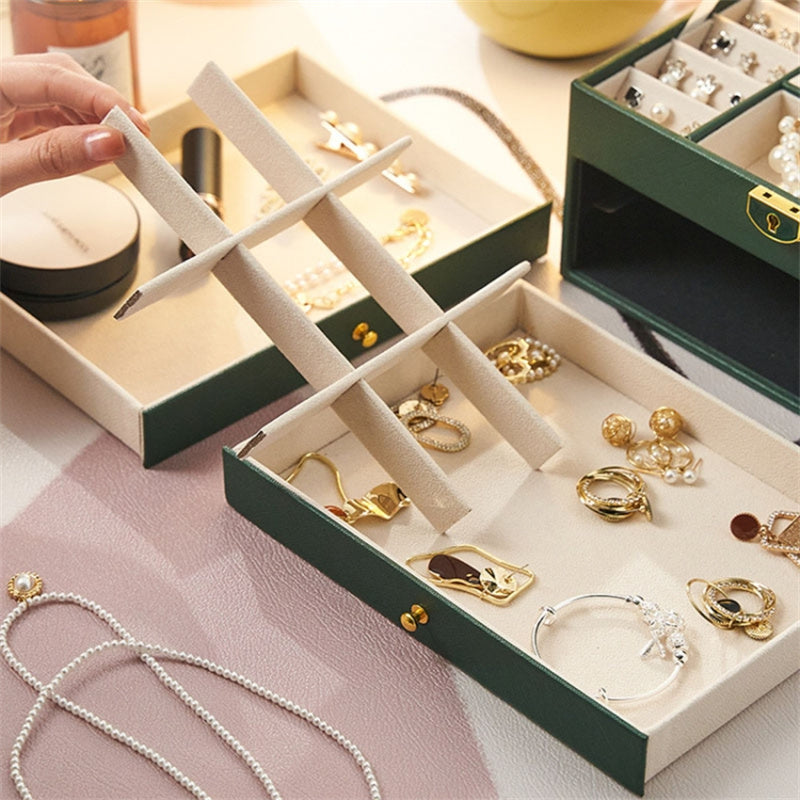 Rhombus Stitching Lines Three-layer Drawer Jewelry Lock Case Necklace Ring PU Leather Display Box, 23*17*13.5cm