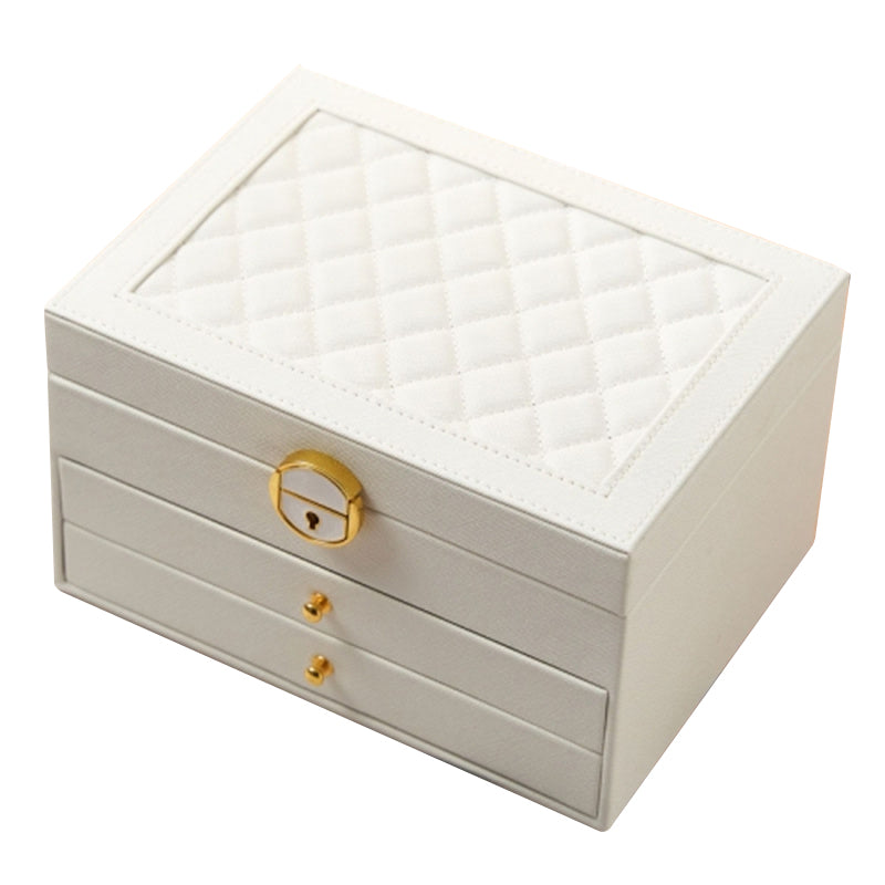 Rhombus Stitching Lines Three-layer Drawer Jewelry Lock Case Necklace Ring PU Leather Display Box, 23*17*13.5cm