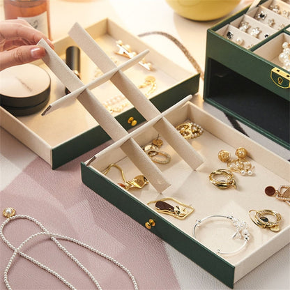 Rhombus Stitching Lines Three-layer Drawer Jewelry Lock Case Necklace Ring PU Leather Display Box, 23*17*13.5cm