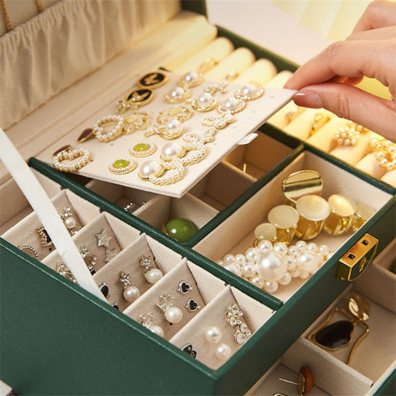 Rhombus Stitching Lines Three-layer Drawer Jewelry Lock Case Necklace Ring PU Leather Display Box, 23*17*13.5cm