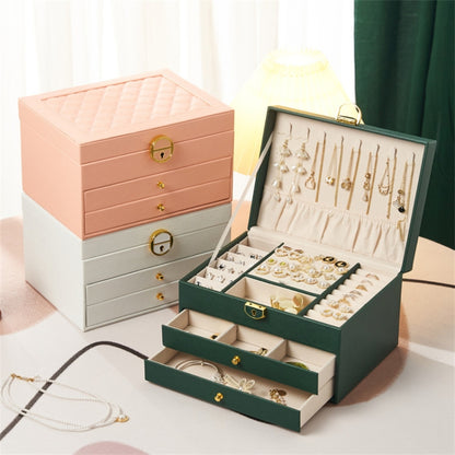 Rhombus Stitching Lines Three-layer Drawer Jewelry Lock Case Necklace Ring PU Leather Display Box, 23*17*13.5cm