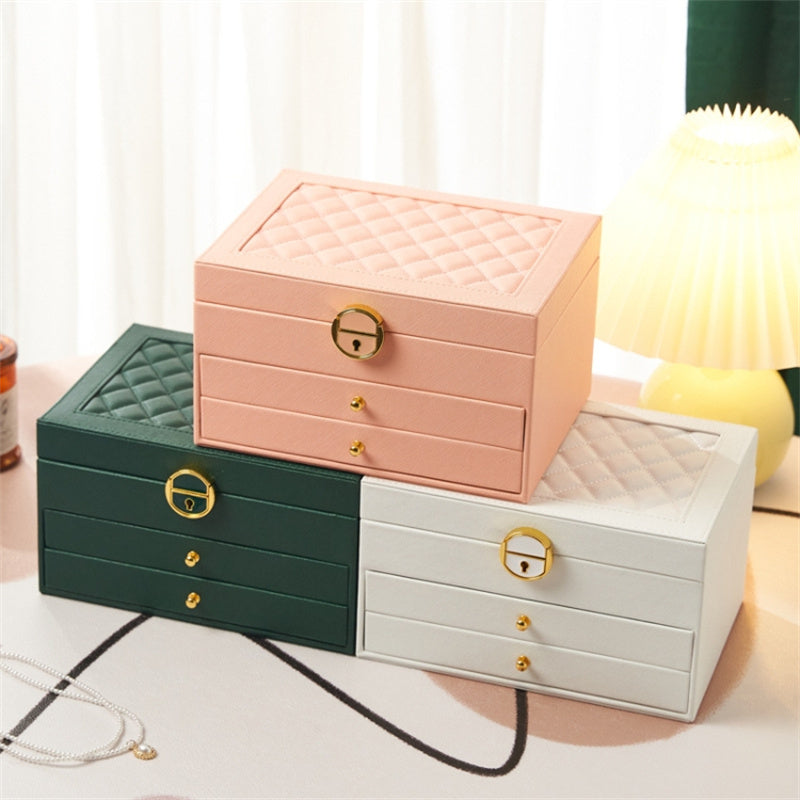 Rhombus Stitching Lines Three-layer Drawer Jewelry Lock Case Necklace Ring PU Leather Display Box, 23*17*13.5cm