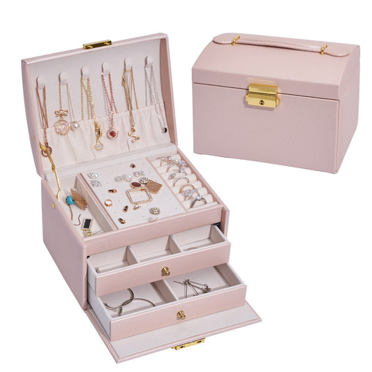 Three Layers Jewelry Box PU Leather Necklace Earring Rings Storage Case with Lock, 17x14x13cm