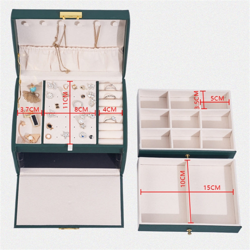 Three Layers Jewelry Box PU Leather Necklace Earring Rings Storage Case with Lock, 17x14x13cm