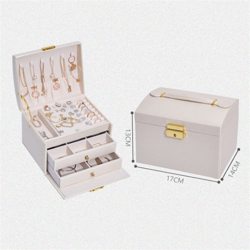 Three Layers Jewelry Box PU Leather Necklace Earring Rings Storage Case with Lock, 17x14x13cm