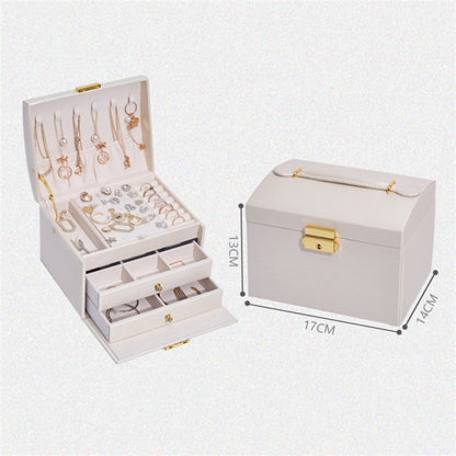 Three Layers Jewelry Box PU Leather Necklace Earring Rings Storage Case with Lock, 17x14x13cm