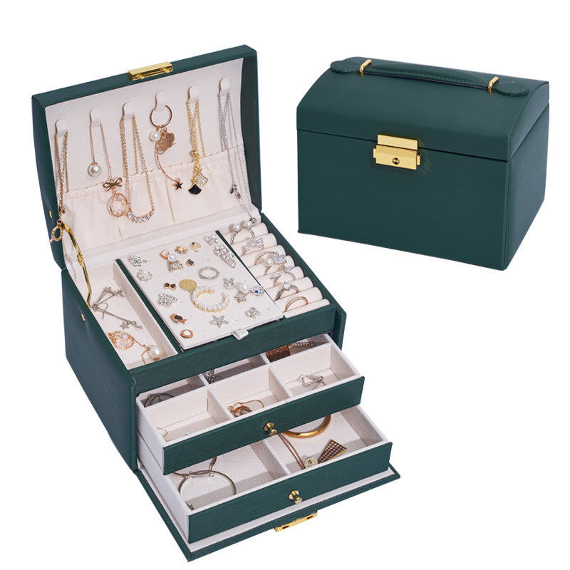 Three Layers Jewelry Box PU Leather Necklace Earring Rings Storage Case with Lock, 17x14x13cm